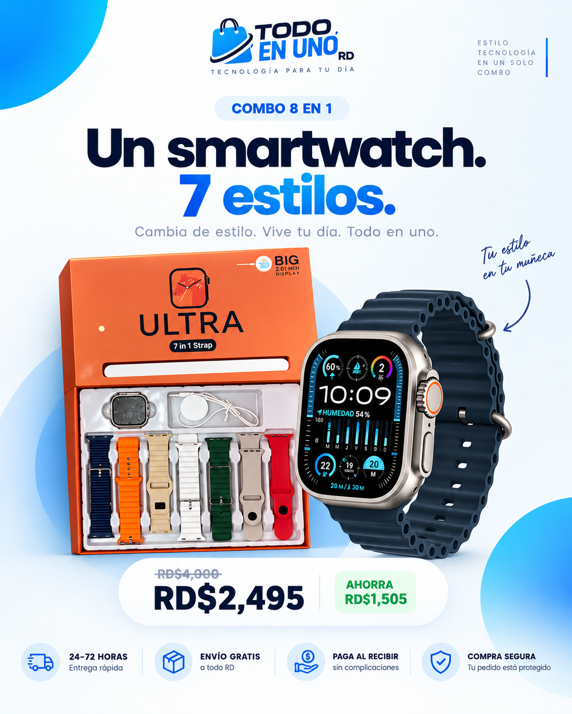 Smartwatch Ultra 8 en 1 | 7 Correas Intercambiables : Un Estilo Diferente Para Cada Día